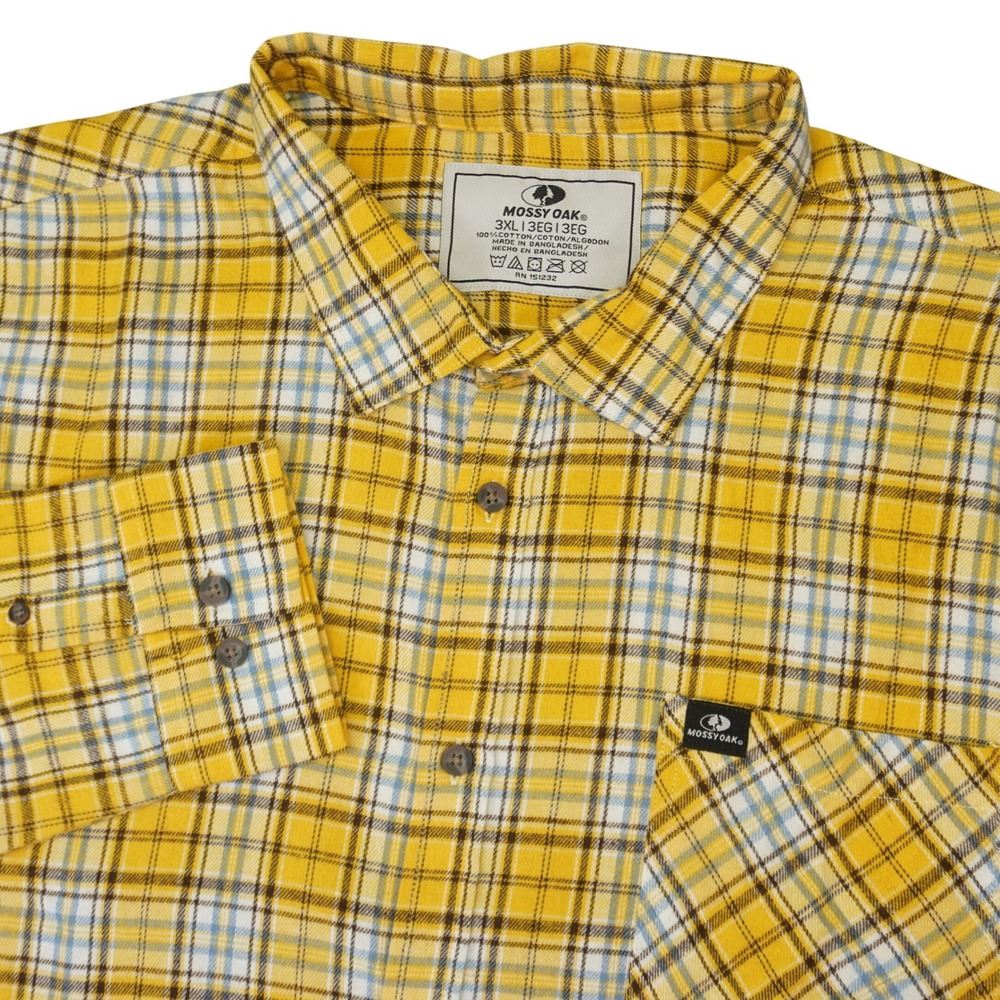 Mossy Oak Button Up Shirt Men 3XL Yellow Plaid Long Sleeve Cotton Pocket Flannel
